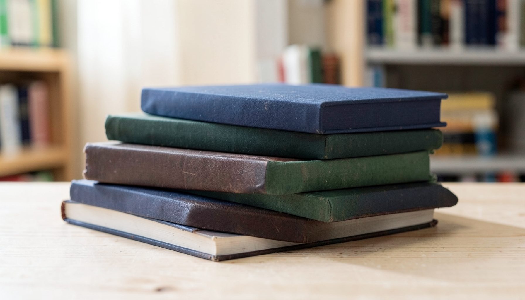 Livros empilhados em tons de azul escuro, verde e marrom sobre uma superfície de madeira clara, com luz difusa criando uma atmosfera de biblioteca tranquila.