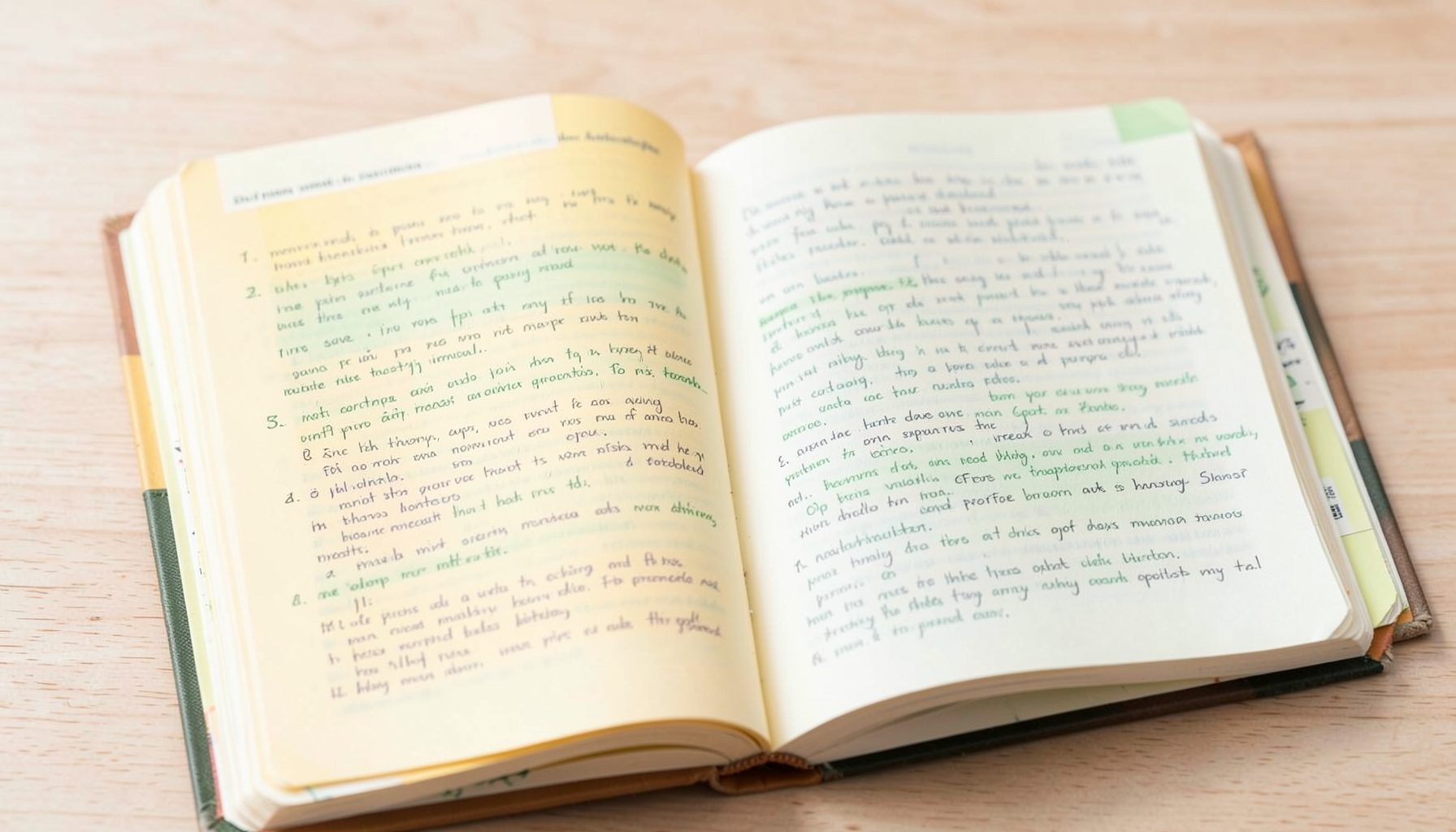 Páginas de uma Bíblia com anotações e marca-texto em tons suaves de amarelo e verde, sobre um fundo claro de madeira, transmitindo estudo cuidadoso e devoção.